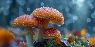 A small cluster of mushrooms adorned with droplets of water photo