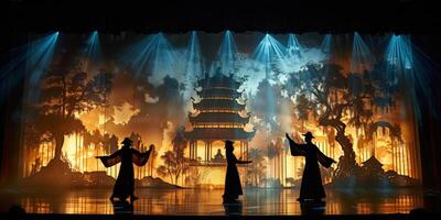 People are dancing on a stage in front of a fiery scene photo