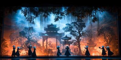 People stand on a stage with trees in the background photo