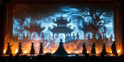 Female silhouette in gown on stage under theatrical lighting photo