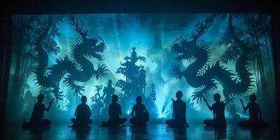 People sit on floor in front of stage, with dragons in background photo