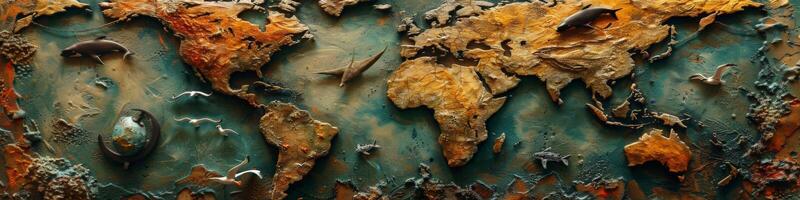 A detailed view of a world map painting mounted on a wall photo