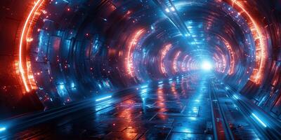 A tunnel of the future emitting red and blue lights photo