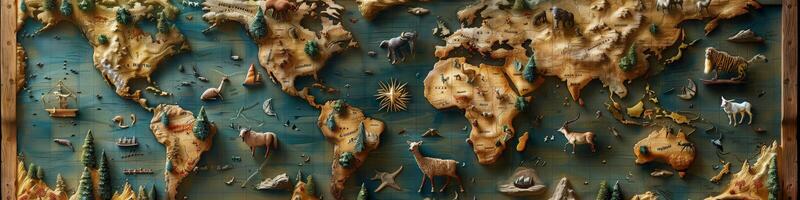 A map of the world illustrating animals, trees, water, and natural landscapes photo
