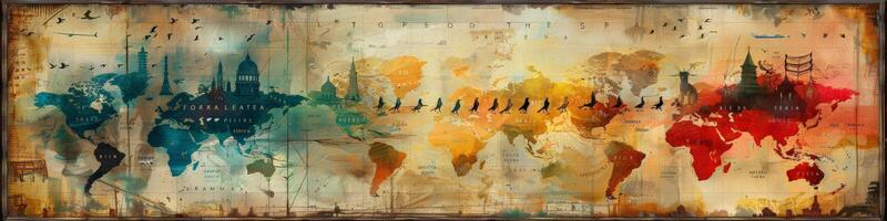 The painting showcases a detailed map of the world photo
