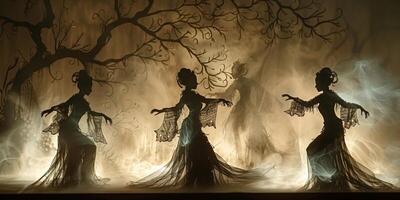 Three womens silhouettes dancing near a tree under flash photography photo