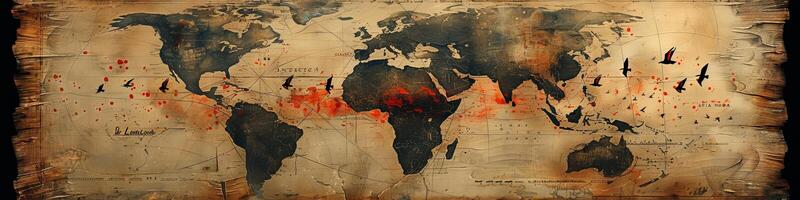 A beautiful painting of birds flying around a world map photo