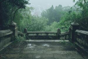Bridge in rain with trees, tranquil and peaceful scene photo