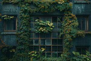 A building covered in abundant ivy plants, surrounded by a city environment photo