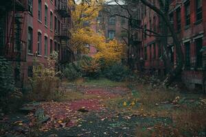 Brick building with fire escape, trees, and leaves around photo