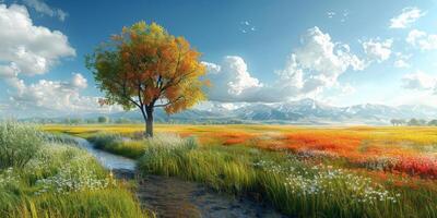 A tree stands amidst a field of colorful flowers under sunny skies photo