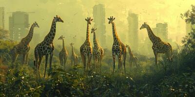 In a field, there are giraffes with a city in the background photo