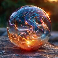 There is a glass ball containing a dragon inside as a paperweight photo