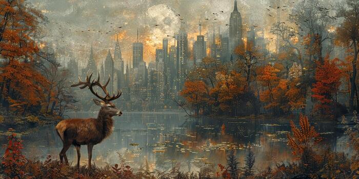 A pixel art depiction of a deer near a lake with a city in the background photo