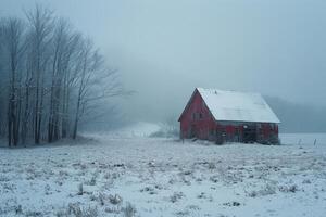 Red barn in snowy field, surrounded by trees, with fog photo