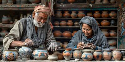 In a pottery shop, a man and a woman are collaboratively crafting clay pots photo