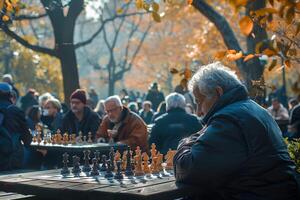 In the park, people play chess leisurely under a tree photo