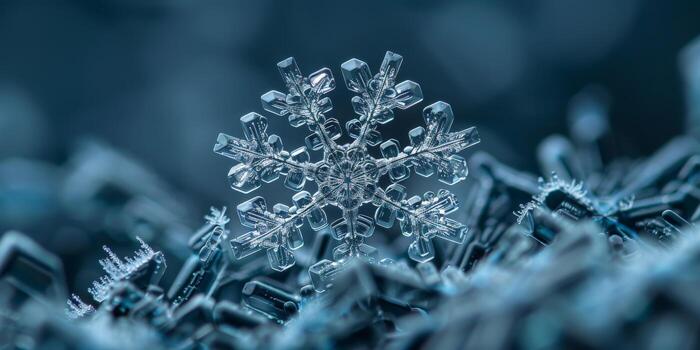A snowflake rests atop a mound of snowflakes, creating a beautiful winter scene photo