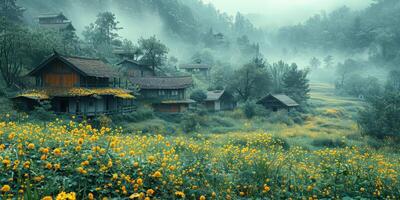 Field of yellow flowers with houses in natural landscape photo