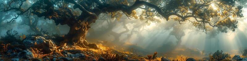 Sunlight penetrates the foggy forest through the branches of trees photo