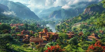 A village in a lush valley, surrounded by mountains photo