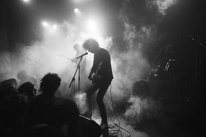A man is singing into a microphone in a black and white photo on stage
