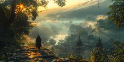 A man is wandering along a path in the forest during sunset photo