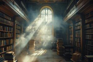 Sun shines through window in library, filling room with warm light photo