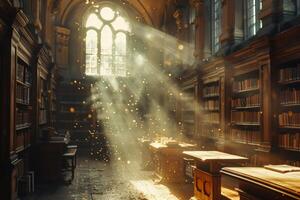 A cozy library with sunlight filtering in, bookshelves filled with books photo