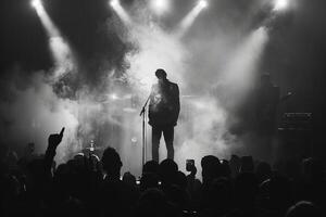 A man singing into microphone on stage in front of audience at concert photo