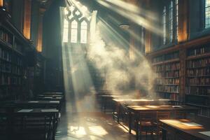 Sunlight streams into a library, illuminating the space with warmth photo