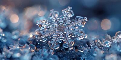 Keywords for snowflake macro photo on blue background