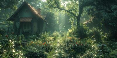 A house in a forest surrounded by trees and flowers photo