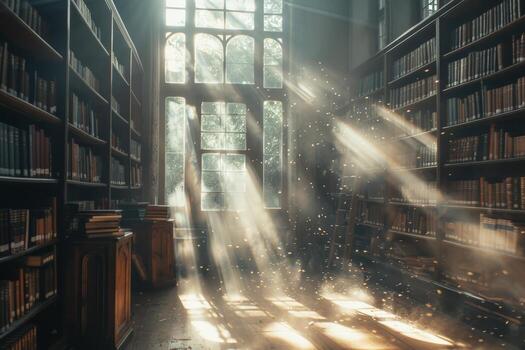 Sunlight filters through window, creating warm atmosphere in library photo