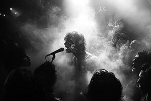 Man singing at concert under starry sky in black and white photo