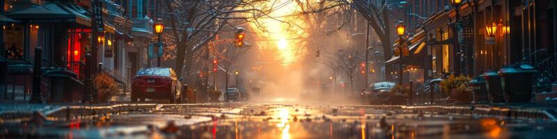 The sun lighting a wet city street through tree branches photo