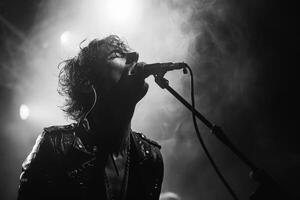 A man in black and white singing into a microphone during a concert photo