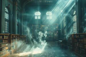 A library with numerous books and smoke billowing from the windows photo