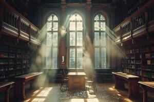 The sunlight streams into a library through the windows on a bright day photo
