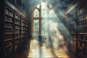 In the city, a wood bookcase with many publications is placed by a glass window photo