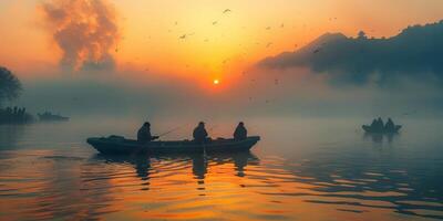 Enjoying the scenic view of a group of people in a boat on a lake during sunset photo