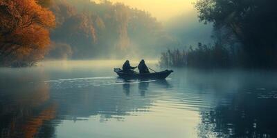 Two people in a boat on a peaceful lake with trees in the background photo