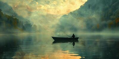 A man peacefully fishes from a boat on a tranquil lake surrounded by nature photo