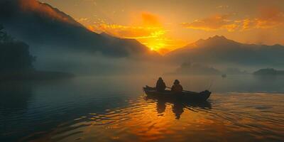 Two people rowing a boat on a serene lake under a sunset photo