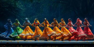 A lively performance of women in vibrant dresses, dancing on a stage photo