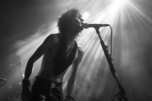 A man singing on stage with a microphone, lit by a camera flash photo