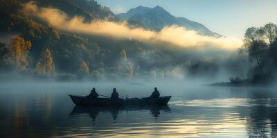 A group of people in a boat enjoying the foggy lake on a cloudy day photo