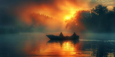 A man is fishing from a boat on a tranquil lake as the sun sets photo