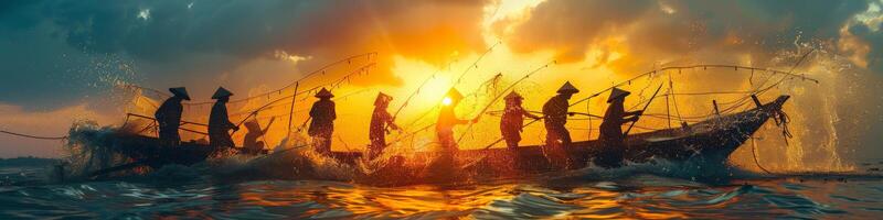 People rowing boat in ocean at sunset, admiring sky with clouds and afterglow photo