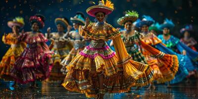 un grupo de mujer en vestidos y sombreros ejecutando un danza rutina en etapa foto
